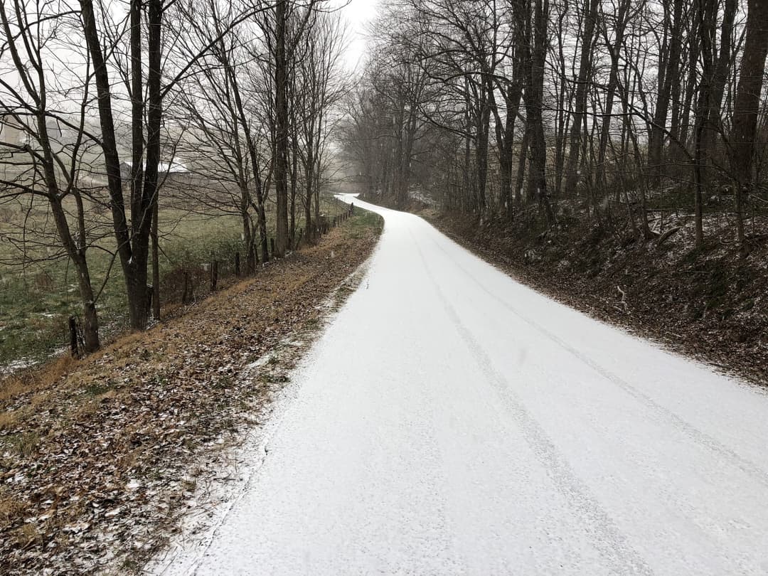 A snow-covered road curving away through bare winter woods.