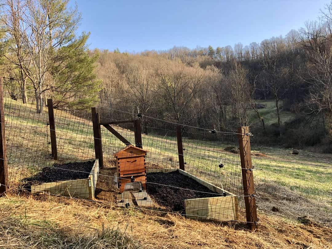 A single beehive on a mulched pad inside an electric fence, pasture falling away below.